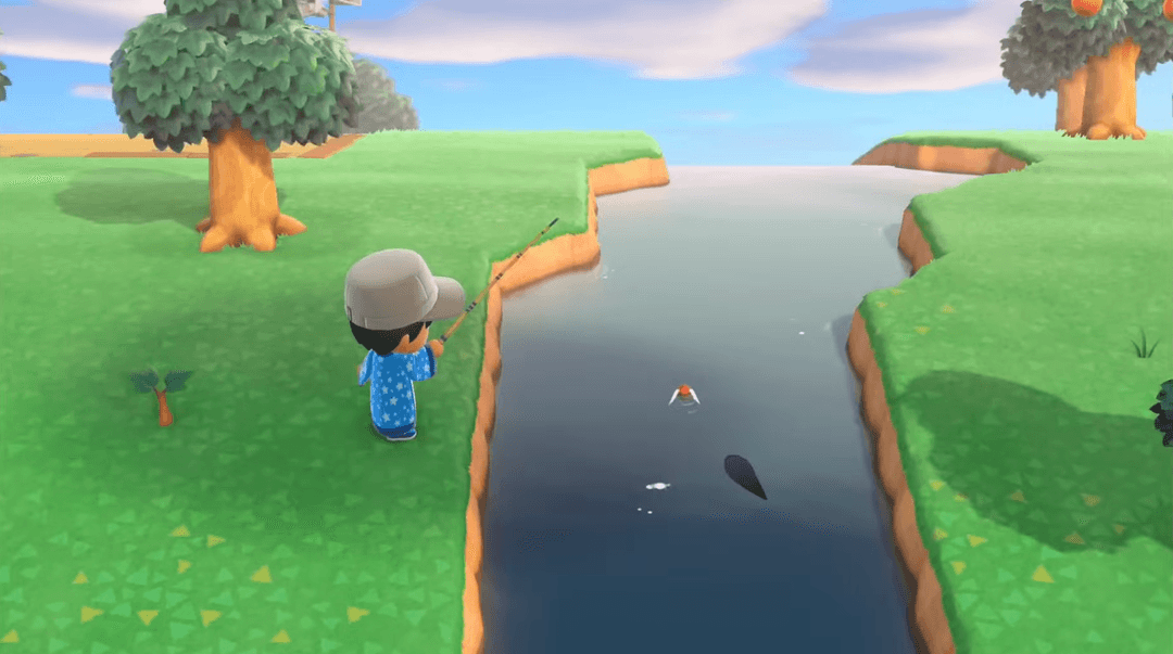 Player character fishing in Animal Crossing: New Horizons.