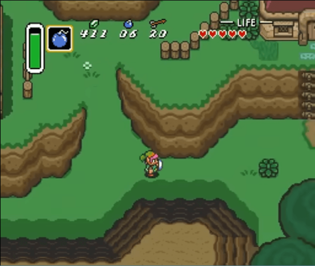 Gameplay screenshot of Link exploring Hyrule in A Link to the Past