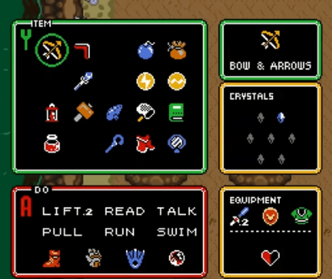 The inventory screen showing Link's collected items