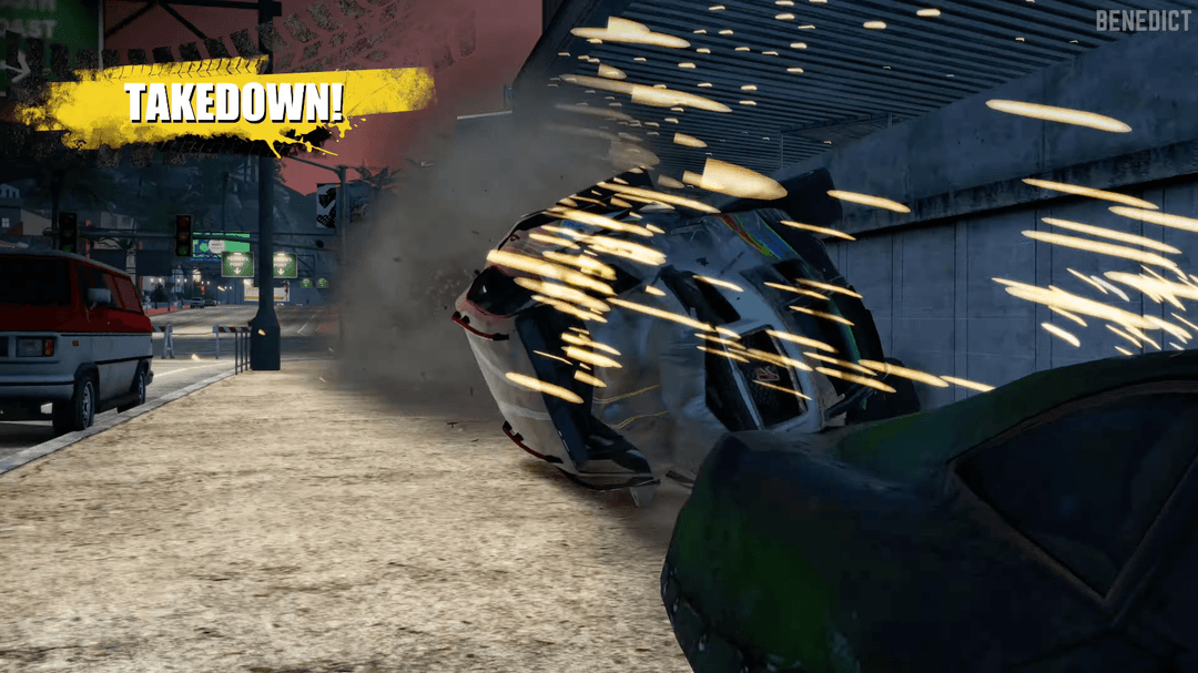 Slow motion replay of a Takedown in Burnout Paradise.
