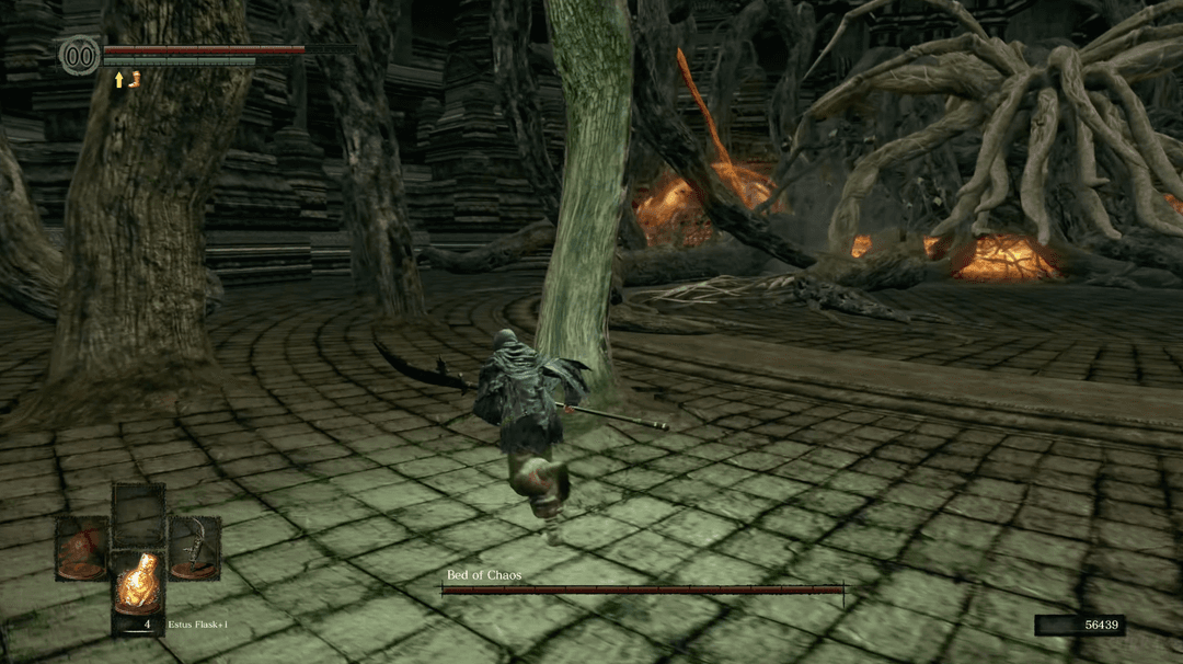 A shot of the Bed of Chaos boss fight in Dark Souls.