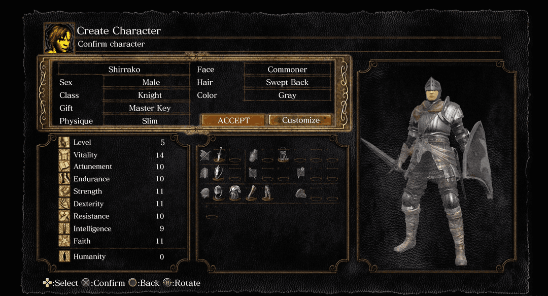 The character creation screen in Dark Souls, showing various classes and customization options.