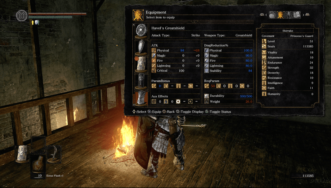 Comparing different shields in the Dark Souls inventory.