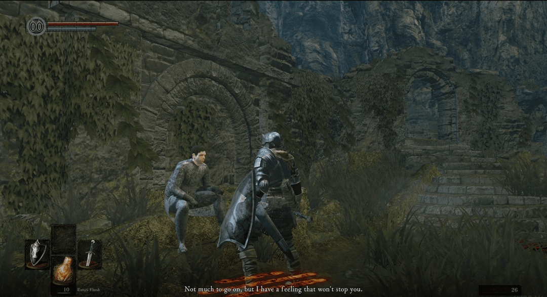 View of Firelink Shrine in Dark Souls, showing the first NPC telling you vaguely to go up.