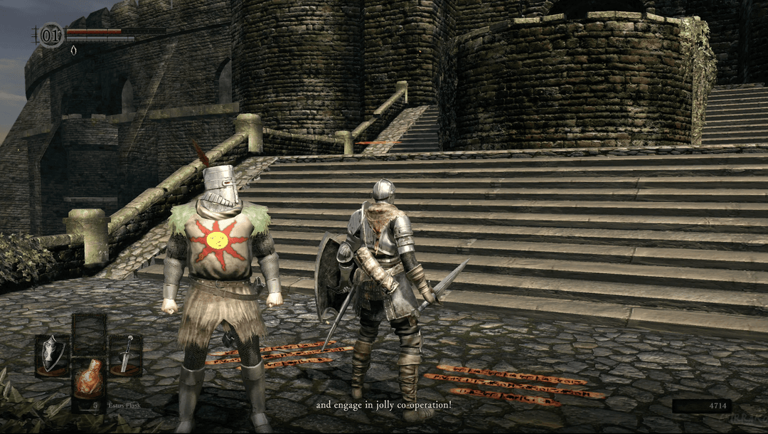 Solaire of Astora standing and talking to you about jolly co-operation.