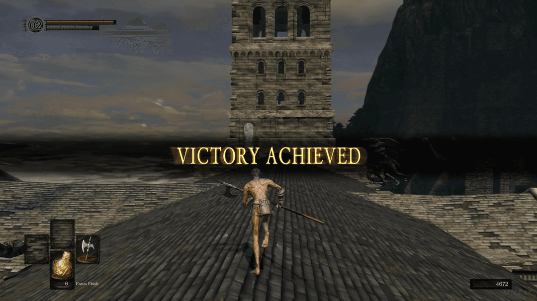 'VICTORY ACHIEVED' message displayed after defeating a boss in Dark Souls.