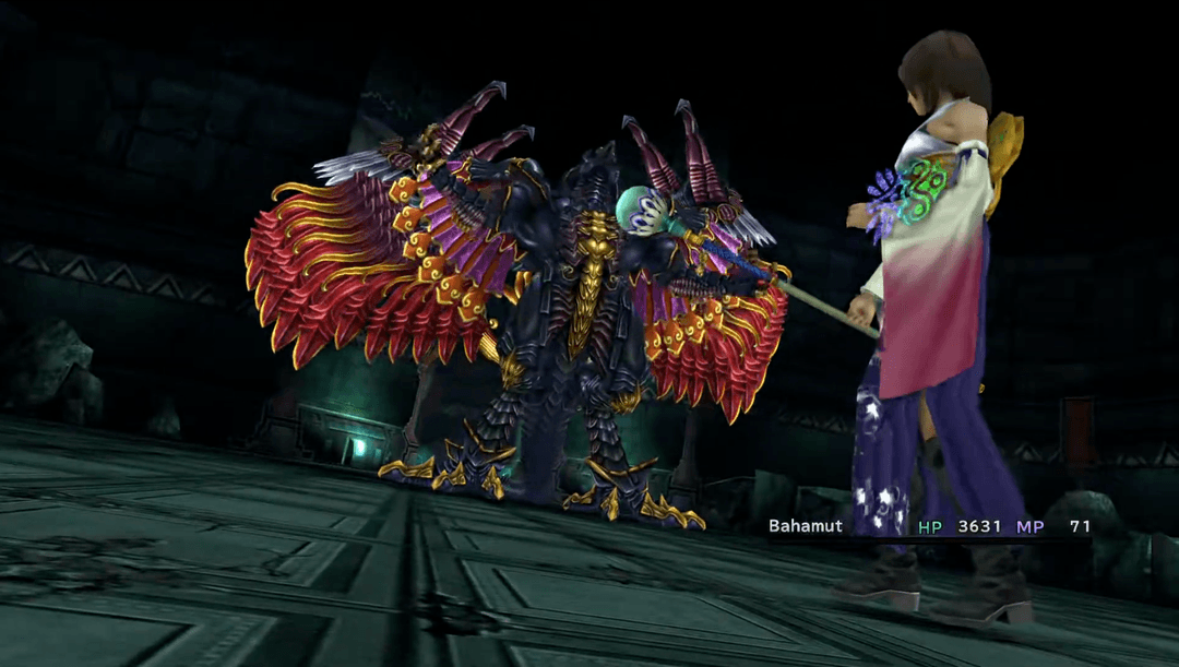 Yuna summoning the powerful aeon Bahamut in battle.