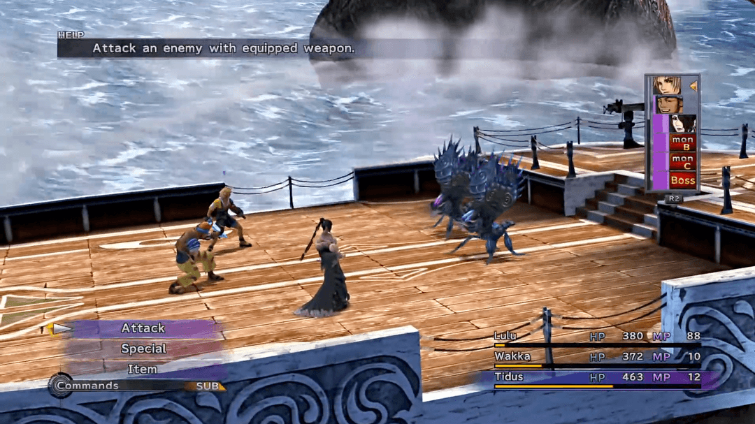 A fight against Sin's fins in Final Fantasy X.