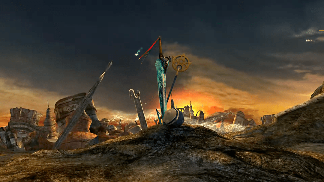 A picture of everyone's weapons stuck in the ground where the main theme plays in the background.