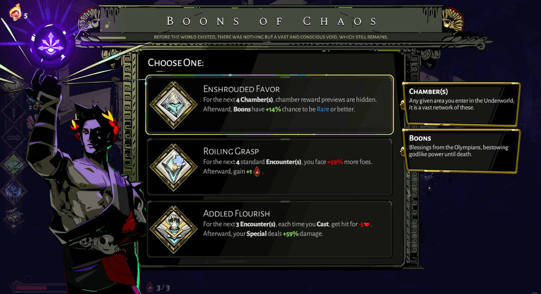 The upgrade screen in Hades showing different boon upgrades for Zagreus