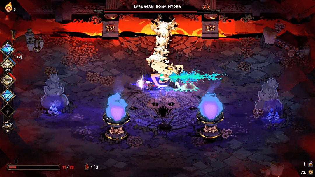 Combat scene from Hades showing Zagreus fighting the hydra boss
