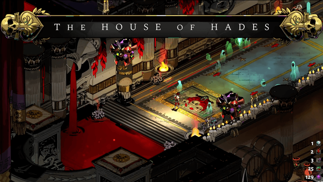 The UI elements in Hades showing the hub world and your currencies