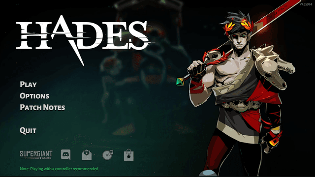The title screen of Hades showing Zagreus amidst the flames of the underworld