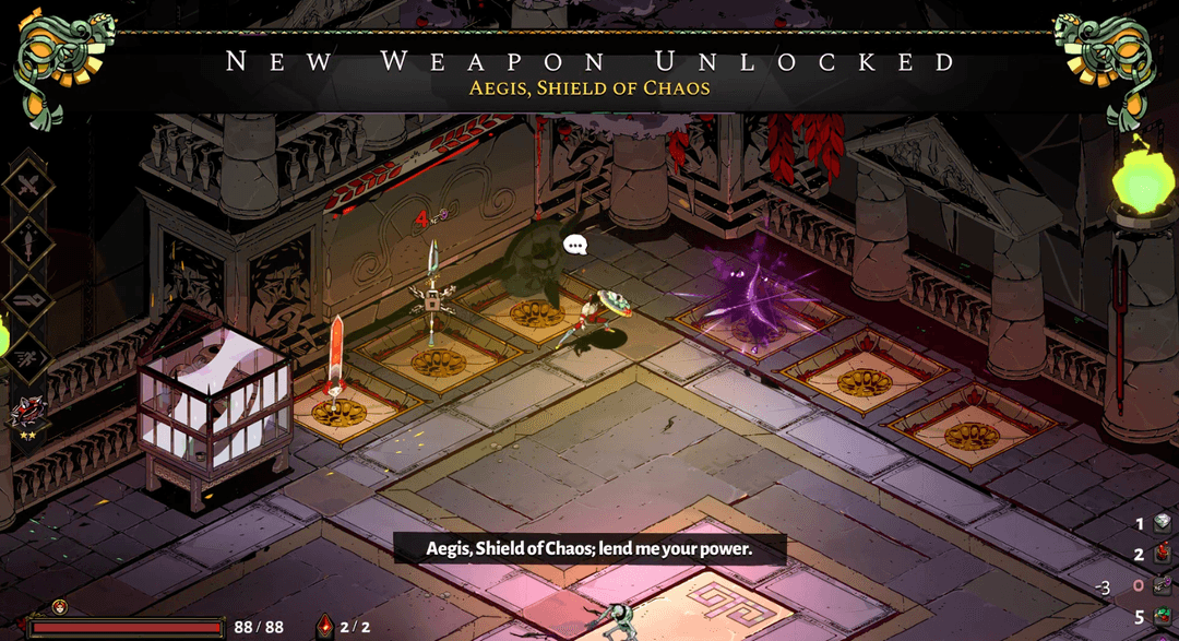 The weapon selection screen in Hades showing different weapons and aspects