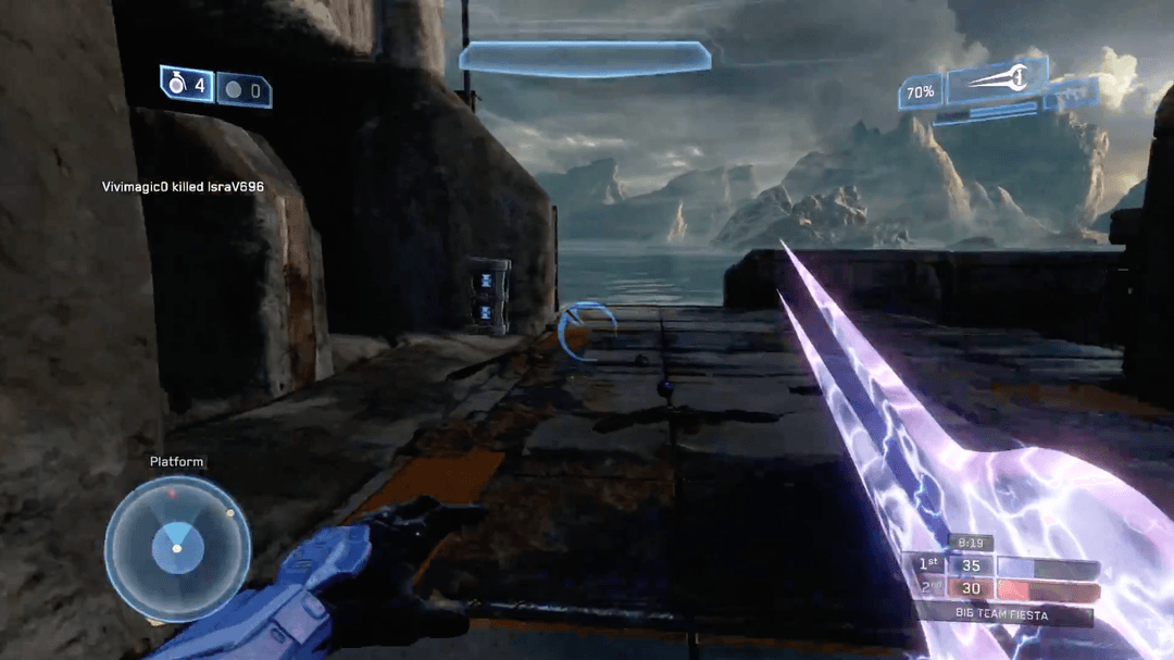 A spartan using the energy sword and radar to track an enemy in Halo 2.