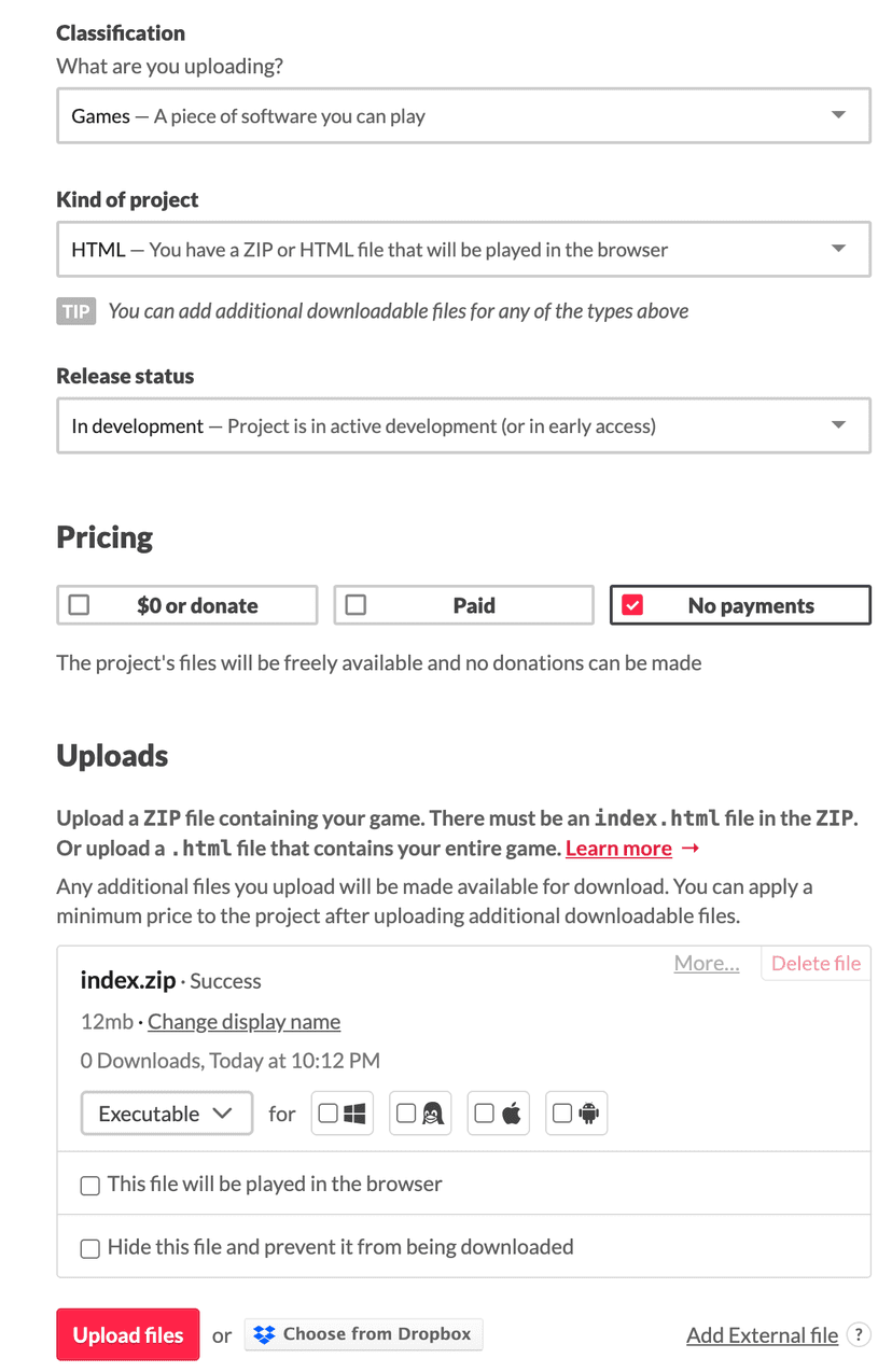itch.io game settings