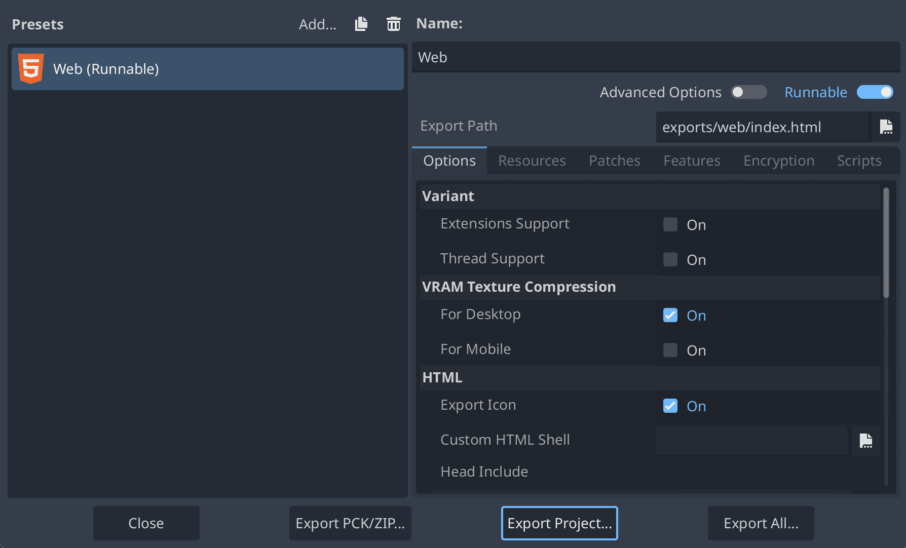 Godot export project dialog