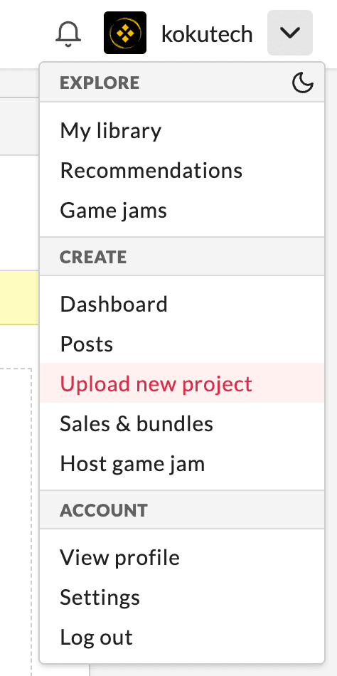 itch.io upload new project option