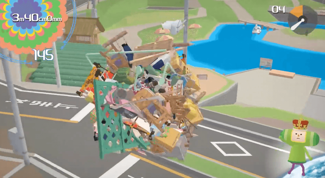 A scene from Katamari Damacy showing the Prince rolling up objects