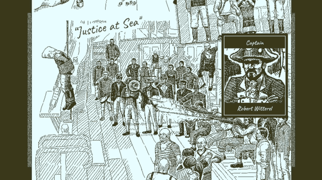 A scene from Return of the Obra Dinn showing the ship's crew