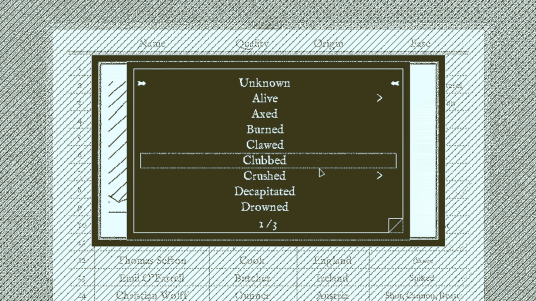 A scene from Return of the Obra Dinn showing the death choices
