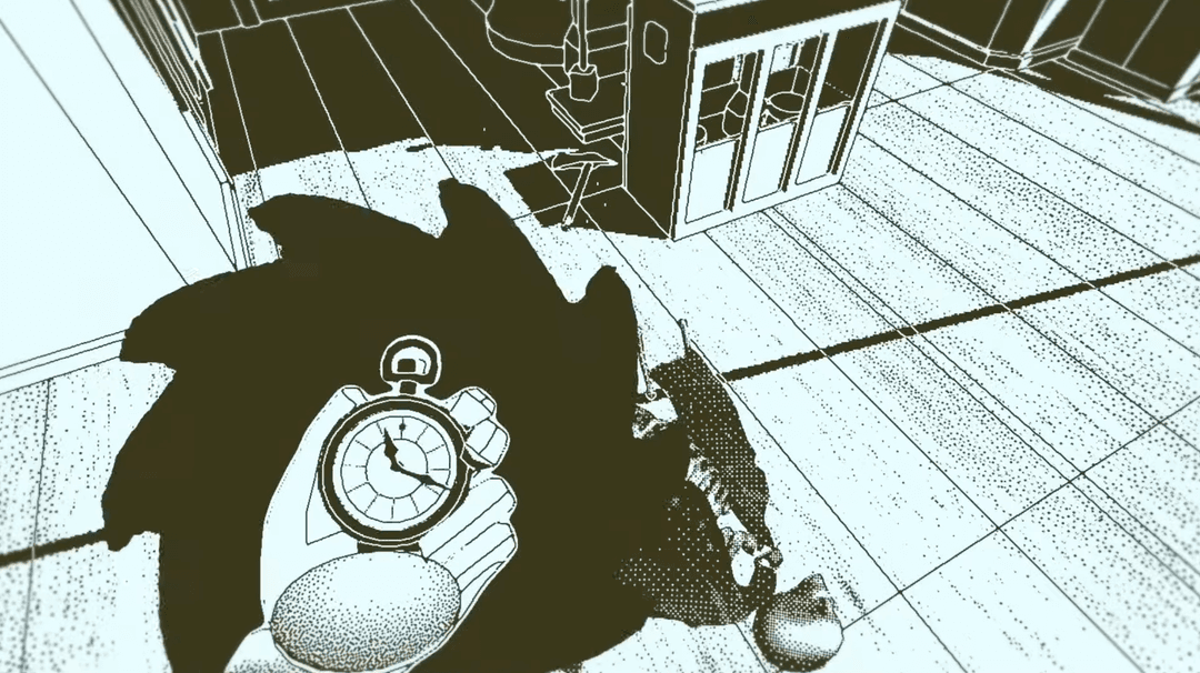A scene from Return of the Obra Dinn showing the watch mechanic that lets you see the moment of death