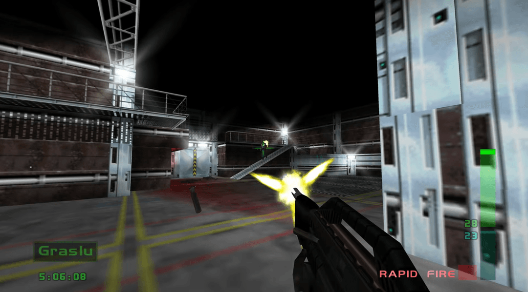 A gameplay scene from Perfect Dark showing first-person combat
