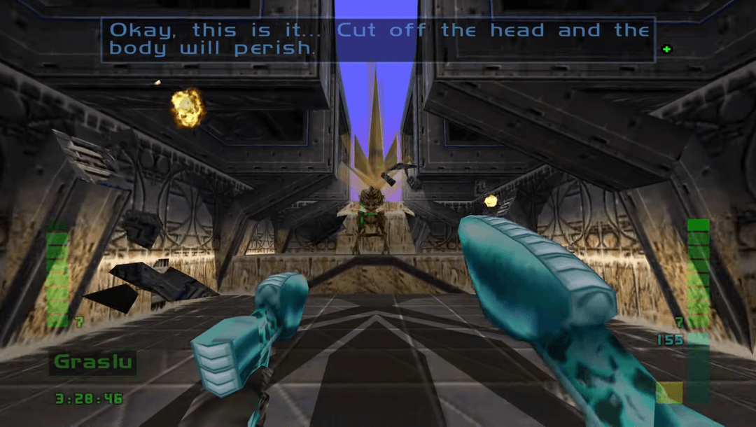 A shot of the phoenix guns firing from Perfect Dark showcasing their unique designs