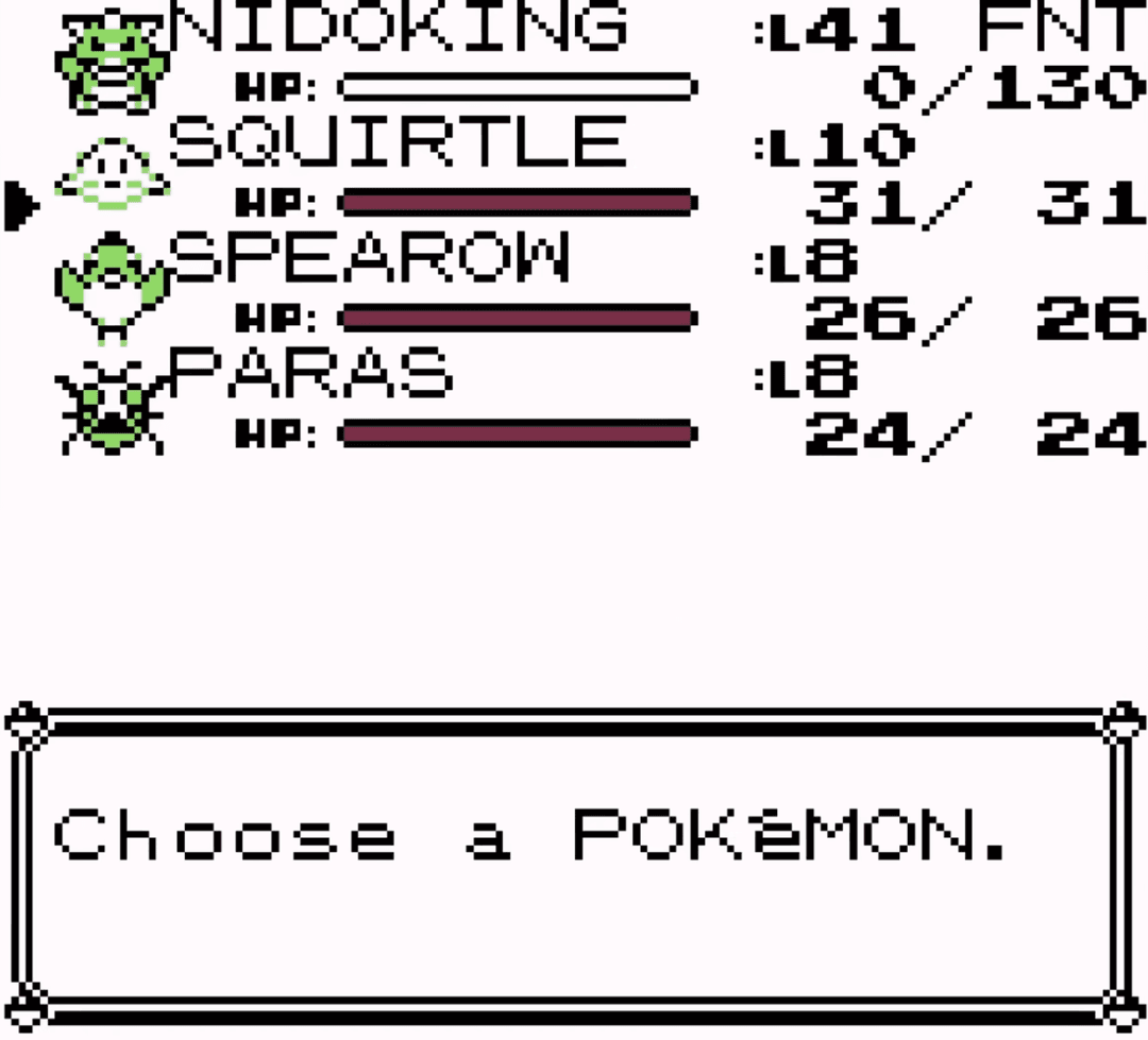 A shot of the player's party of Pokémon
