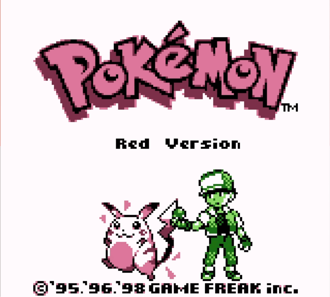 The title screen of Pokémon Red showing various Pokémon scrolling by