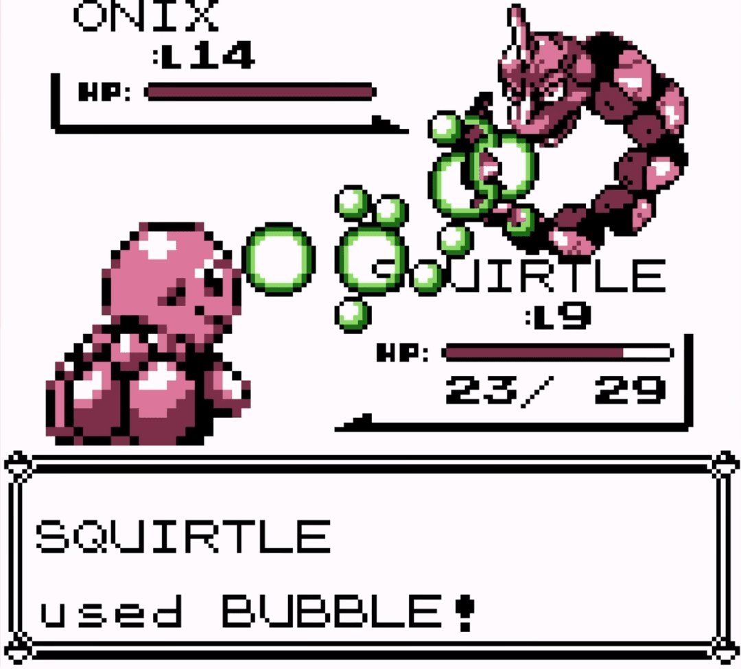 A shot of Squirtle using a water attack to beat a Rock-type Pokémon
