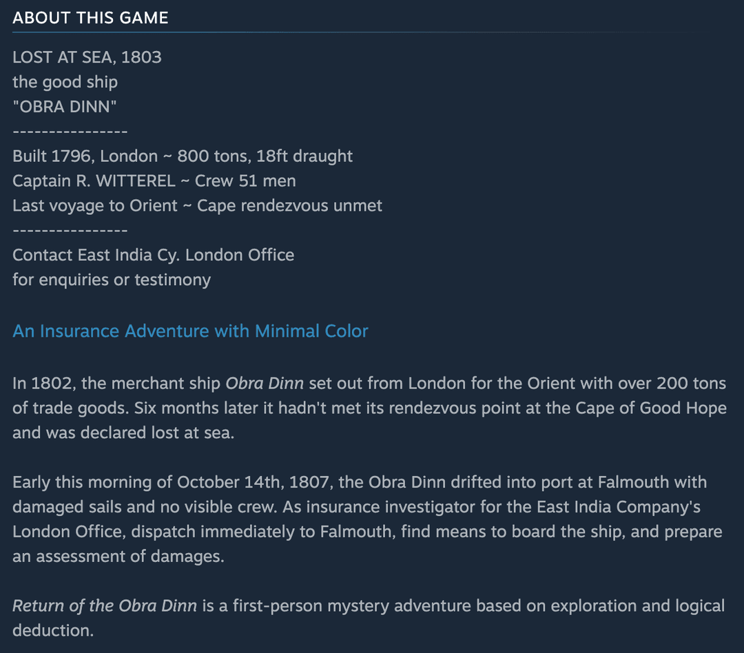 Return of the Obra Dinn description.