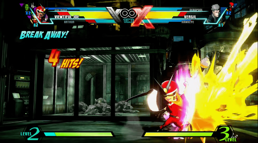 Gameplay screenshot of Ultimate Marvel vs Capcom 3 showing high-action combat