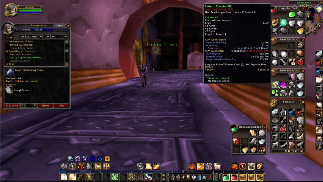 The blacksmithing crafting interface in World of Warcraft.