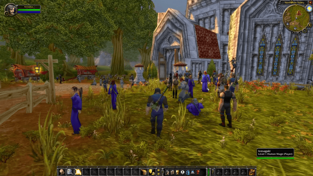 Several player characters gathered in a starting zone.