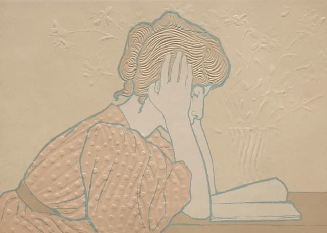 A painting of a woman with her hands on her head looking stressed.